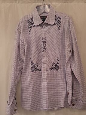 English Laundry Lavender Plaid Dress Shirt with Black Embroidery